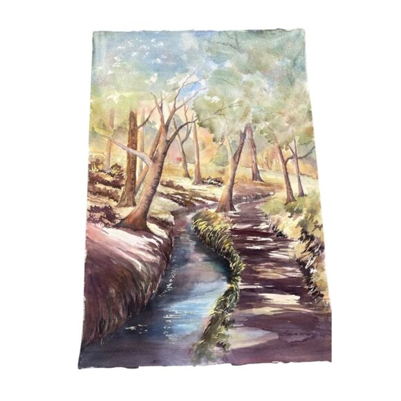 Original Watercolor Landscape Painting canvas ditch creek tree trail green READ - Picture 1 of 5